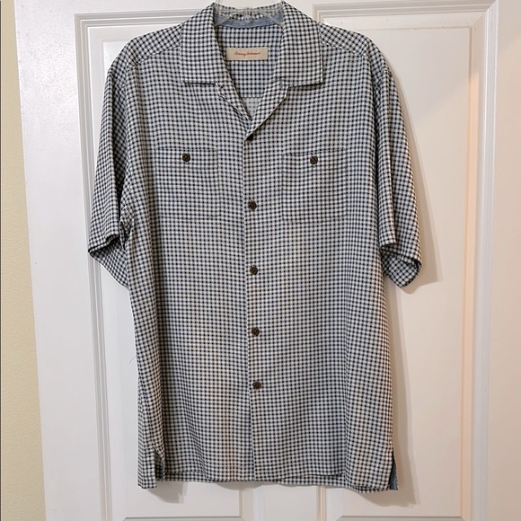 Tommy Bahama Blue Checkered Short Sleeve 100% Silk Men’s Button Up Shirt, Medium - Picture 1 of 12